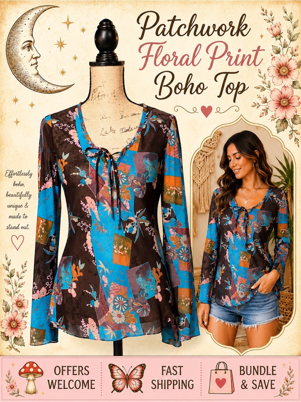 KLD Signature Floral Patchwork Mesh Top Women’s Small Sheer Long Sleeve Boho